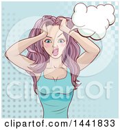 Clipart Of A Pop Art Frustrated Purple Haired Woman Going Crazy And Grabbing Her Hair While Thinking Over Halftone On Blue Royalty Free Vector Illustration