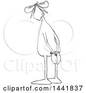 Clipart Of A Cartoon Black And White Lineart Moose Criminal With His Hands Cuffed Royalty Free Vector Illustration