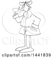 Clipart Of A Cartoon Black And White Lineart Moose In A Robe Lighting A Pipe Royalty Free Vector Illustration