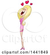 Poster, Art Print Of Cartoon Blond Caucasian Woman In A Pink Dress Gushing Under Love Hearts