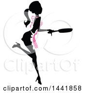 Clipart Of A Silhouetted Woman Cooking With A Skillet And Pink Polka Dot Apron Royalty Free Vector Illustration
