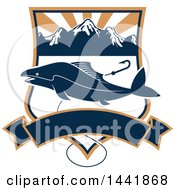 Clipart Of A Fish Over A Shield With A Fishing Hook Mountains And Banner Royalty Free Vector Illustration