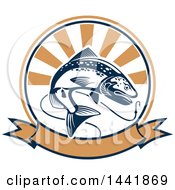 Clipart Of A Salmon Fish Over A Circle With A Fishing Hook Rays And Banner Royalty Free Vector Illustration
