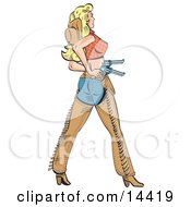 Sexy Blond Cowgirl In Chaps Drawing Her Pistils by Andy Nortnik