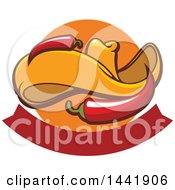 Clipart Of A Mexican Sombrero Hat With Chili Peppers Over An Orange Circle With A Blank Red Banner Royalty Free Vector Illustration
