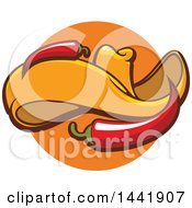Clipart Of A Mexican Sombrero Hat With Chili Peppers Over An Orange Circle Royalty Free Vector Illustration