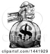 Clipart Of A Black And White Engraved Or Woodcut Styled Hand Holding Out A Burlap USD Money Bag Sack To Pay Taxes Royalty Free Vector Illustration