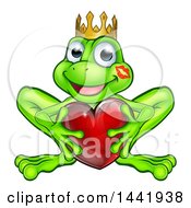 Poster, Art Print Of Cartoon Happy Smiling Green Frog With A Liptstick Kiss On His Cheek Holding A Red Heart