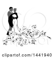 Clipart Of A Black And White Silhouetted Posing Bride And Groom With Swirls Royalty Free Vector Illustration