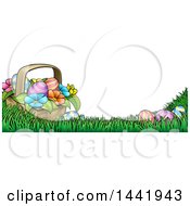 Poster, Art Print Of Cartoon Border Of A Basket Of Easter Eggs And Flowers In Grass