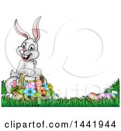 Poster, Art Print Of Cartoon Happy White Easter Bunny Rabbit With A Basket And Eggs