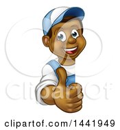 Clipart Of A Cartoon Happy Black Male Worker Giving A Thumb Up Around A Sign Royalty Free Vector Illustration