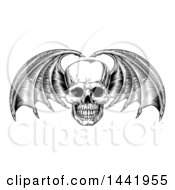 Clipart Of A Black And White Woodcut Etched Or Engraved Bat Or Dragon Winged Skull Royalty Free Vector Illustration