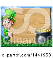 Poster, Art Print Of Cartoon St Patricks Day Leprechaun Giving A Thumb Up Around A Wood Sign With A Pot Of Gold