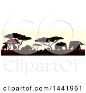 Poster, Art Print Of Silhouetted African Animals And Trees At Sunset