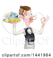 White Male Waiter Or Butler With A Curling Mustache Holding Fish And A Chips On A Tray And Gesturing Ok