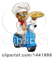 Cartoon Happy Black Male Chef Holding A Pizza And Riding A Scooter
