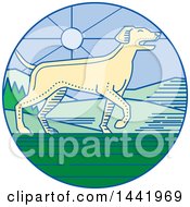 Mono Line Styled Pointer Dog In A Landscape Circle