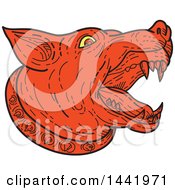 Clipart Of A Mono Line Styled Red Guard Dog Barking Royalty Free Vector Illustration