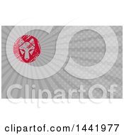 Clipart Of A Retro White Wolf Head In A Red Scratched Grungy Circle And Gray Rays Background Or Business Card Design Royalty Free Illustration