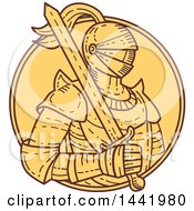 Poster, Art Print Of Mono Line Styled Male Knight In Armor Holding A Sword Inside A Circle