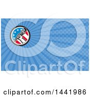 Clipart Of A Retro Plumber Hand Holding A Pipe Monkey Wrench In An American Circle And Blue Rays Background Or Business Card Design Royalty Free Illustration