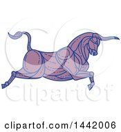 Clipart Of A Mono Line Styled Purple Charging Texas Longhorn Bull Royalty Free Vector Illustration