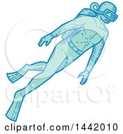 Poster, Art Print Of Mono Line Styled Scuba Diver Swimming
