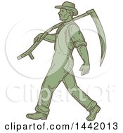 Poster, Art Print Of Mono Line Styled Green Male Farmer Walking With A Scythe Over His Shoulder