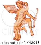 Clipart Of A Mono Line Styled Orange Kneeling Angel Cupid Grabbing An Arrow Royalty Free Vector Illustration by patrimonio