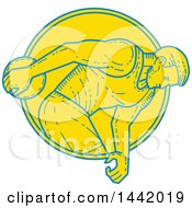Clipart Of A Mono Line Styled Blue And Yellow Male Discus Thrower Athlete In A Circle Royalty Free Vector Illustration