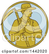 Poster, Art Print Of Mono Line Styled Farmer Holding A Scythe In A Circle