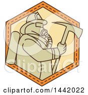 Poster, Art Print Of Mono Line Styled Fireman Holding An Axe