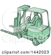 Poster, Art Print Of Mono Line Styled Green Forklift Driver And Machine