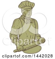 Poster, Art Print Of Mono Line Styled Male Baker Rolling Dough