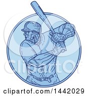 Poster, Art Print Of Mono Line Styled Male Baseball Player Batting In A Circle