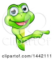 Poster, Art Print Of Cartoon Happy Green Frog Mascot Pointing Around A Sign