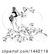 Poster, Art Print Of Silhouetted Black And White Bride In Her Dress With Swirls