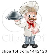 Clipart Of A Cartoon Full Length Happy Young White Male Chef Holding A Cloche Platter And Giving A Thumb Up Royalty Free Vector Illustration