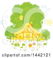 Poster, Art Print Of Cottage House With A Tree And Easter Egg Basket