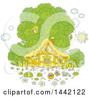 Poster, Art Print Of Cartoon Cottage With A Tree And Easter Egg Basket
