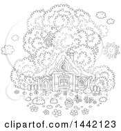 Poster, Art Print Of Cartoon Black And White Lineart Cottage With A Tree And Easter Egg Basket