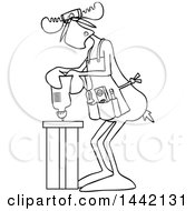 Clipart Of A Cartoon Black And White Lineart Moose Operating A Power Drill In A Shop Royalty Free Vector Illustration