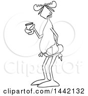 Clipart Of A Cartoon Black And White Lineart Moose Holding A Wine Bottle And Cup Royalty Free Vector Illustration