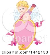 Clipart Of A Valentines Day Cupid Eros Over A Heart Frame Royalty Free Vector Illustration