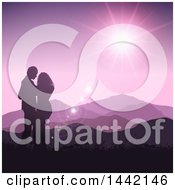 Clipart Of A Silhouetted Valentines Day Couple Embracing Against A Purple Mountainous Sunset Royalty Free Vector Illustration