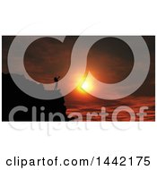 Clipart Of A Silhouetted Woman Stretching On A Cliff Against A Dramatic Sunset Royalty Free Illustration