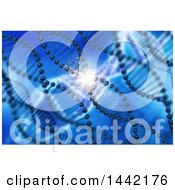 Poster, Art Print Of 3d Scientific Medical Background Of Double Helix Dna Strands And A Glowing Light On Blue