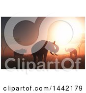 Clipart Of A 3d Silhouetted Rhino And Elephants Against An African Sunset Royalty Free Illustration
