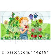 Poster, Art Print Of Cartoon Red Haired Caucasian Girl Eating Fresh Tomatoes In Her Garden